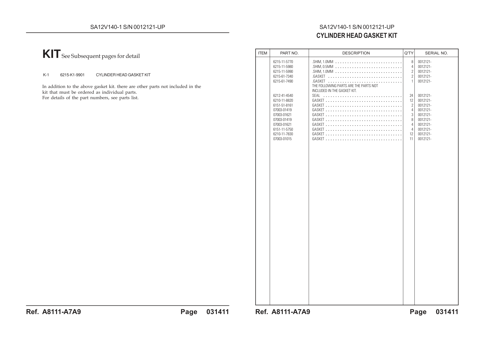 OEM exploded diagram and parts table — Gasket