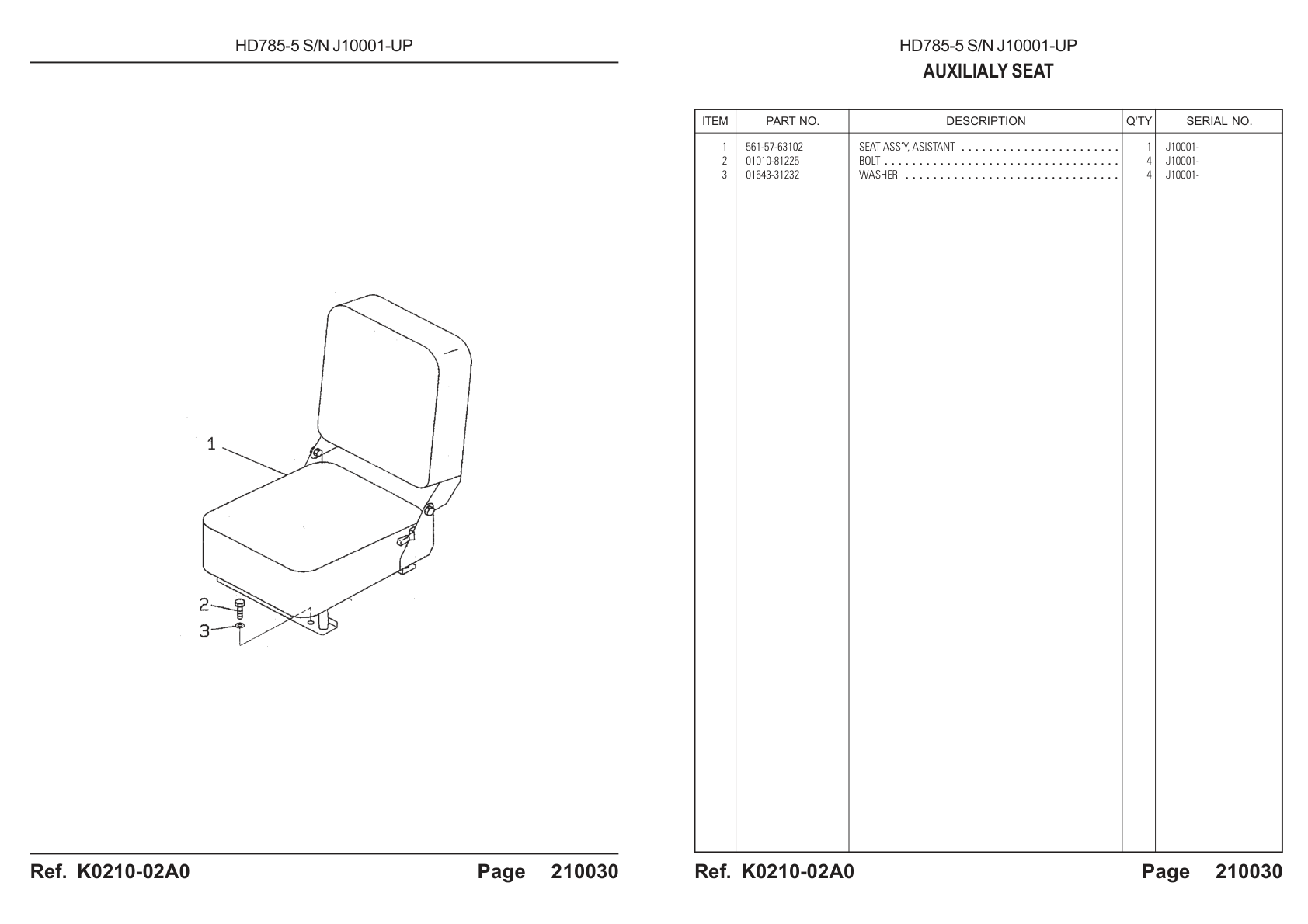 Asistant Seat Assembly 561-57-63102 for Komatsu HD785-5 Rigid Dump Truck