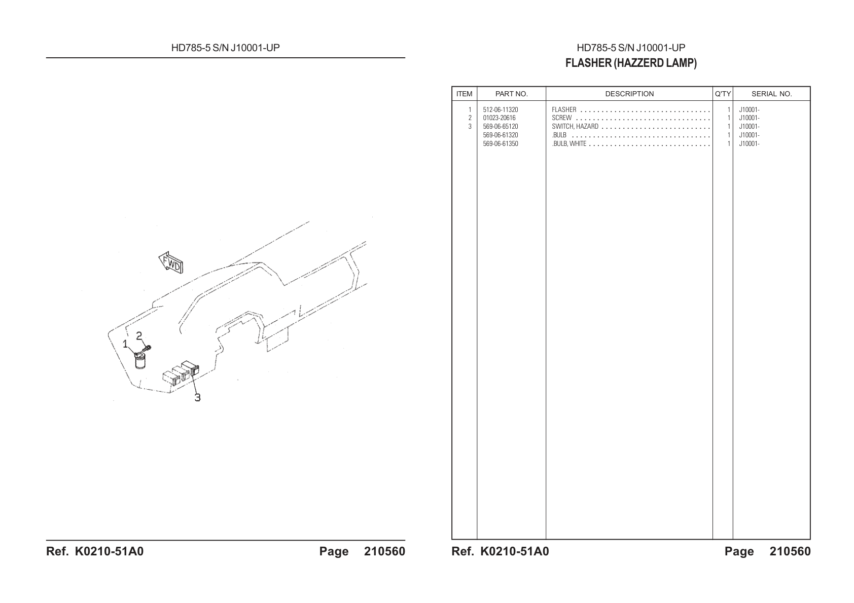 OEM exploded diagram and parts table — Hazard Switch