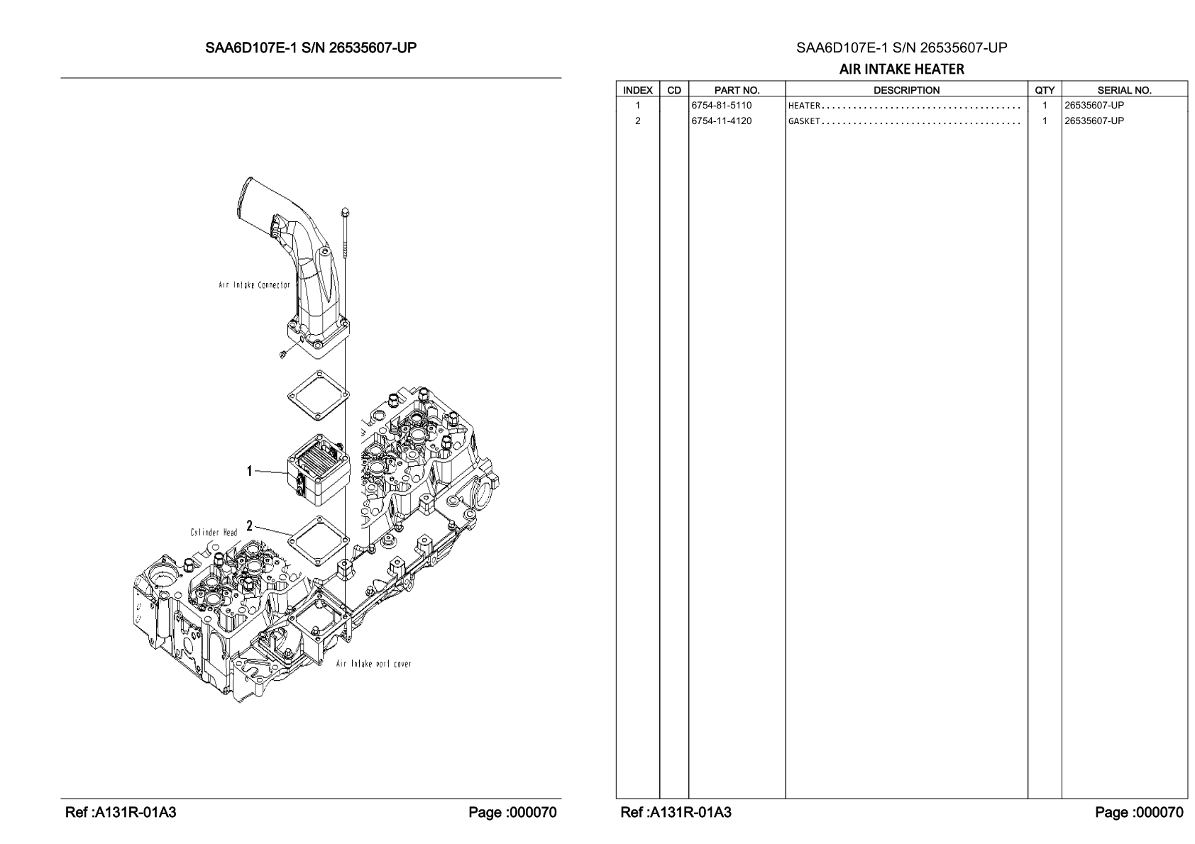 OEM exploded diagram and parts table — Heater