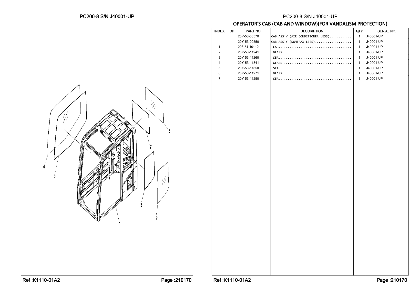 OEM exploded diagram and parts table — Cab Assembly (komtrax Less)