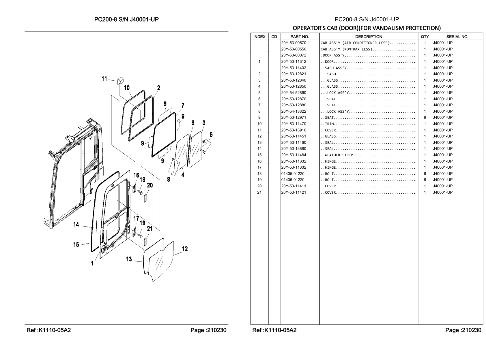 OEM exploded diagram and parts table — Door Assembly