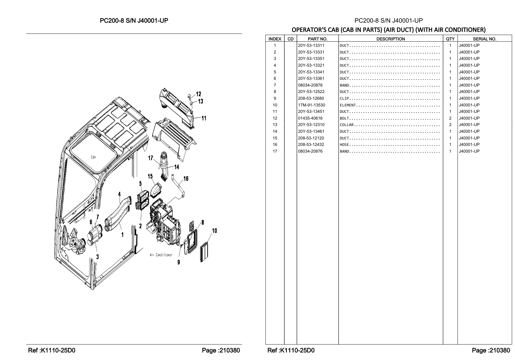 OEM exploded diagram and parts table — Duct