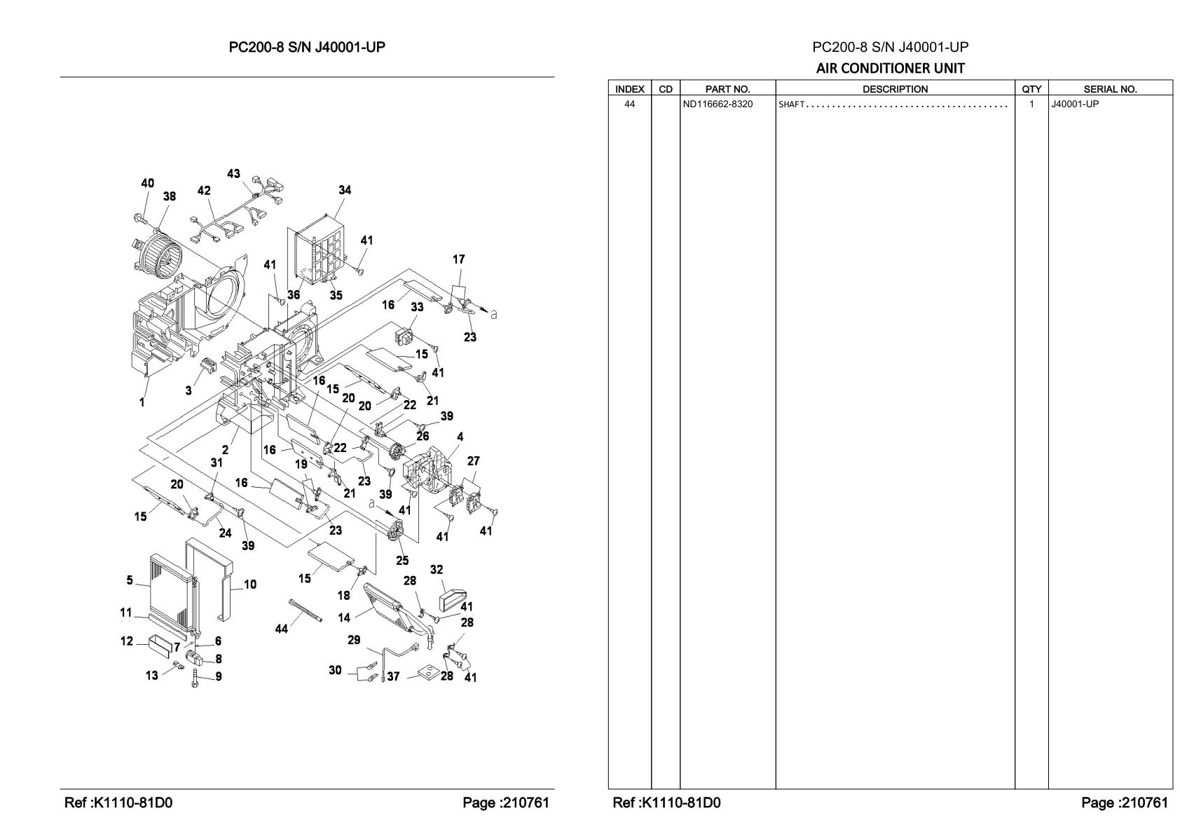 OEM exploded diagram and parts table — Shaft