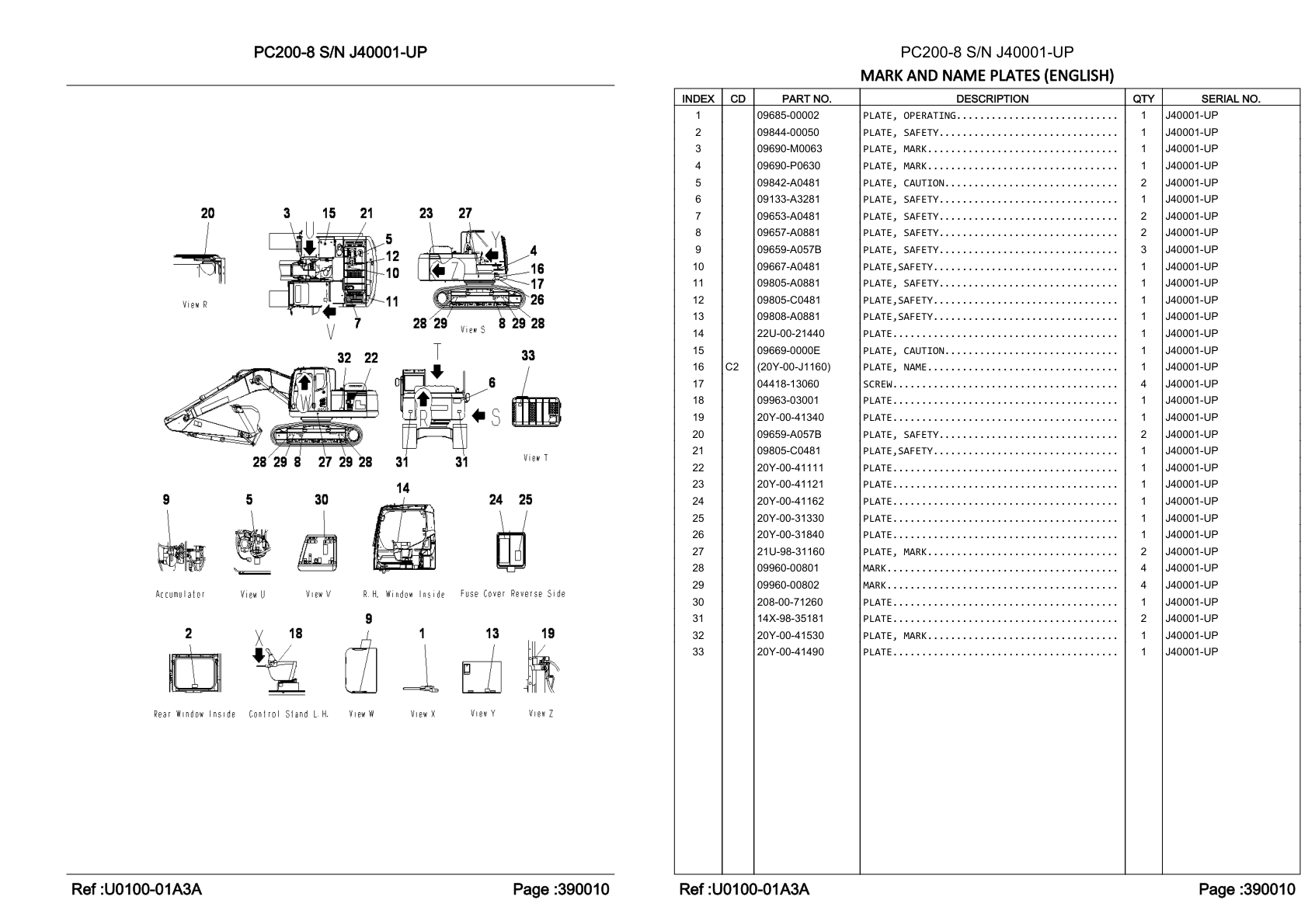 Caution Plate 09669-0000E for Komatsu PC200-8 Hydraulic Excavator