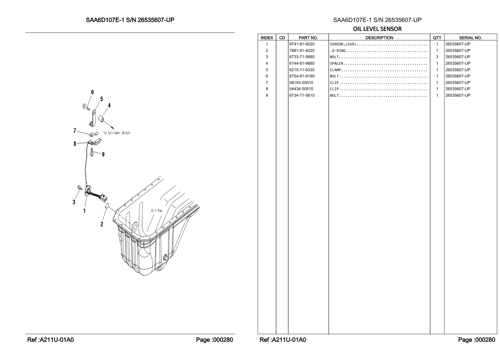 OEM exploded diagram and parts table — Level Sensor
