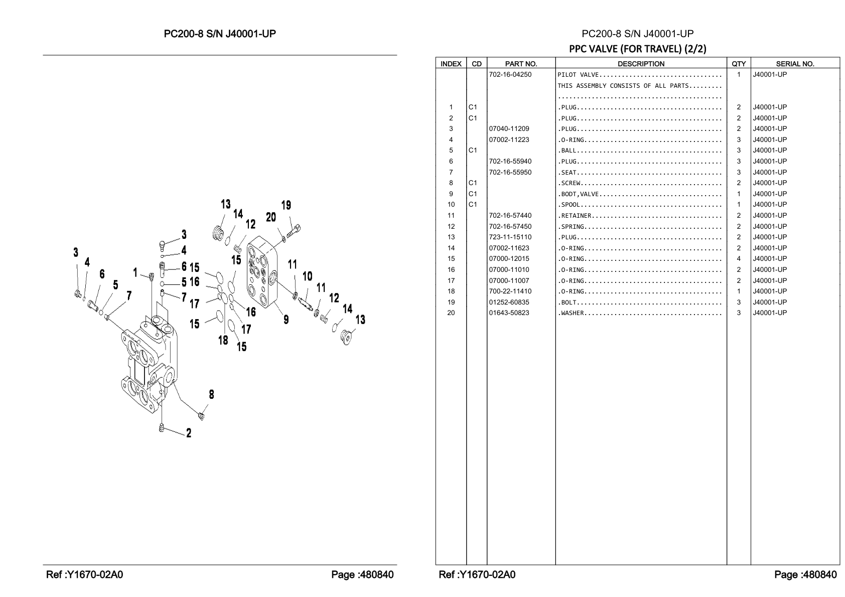 Plug 702-16-55940 for Komatsu PC200-8 Hydraulic Excavator