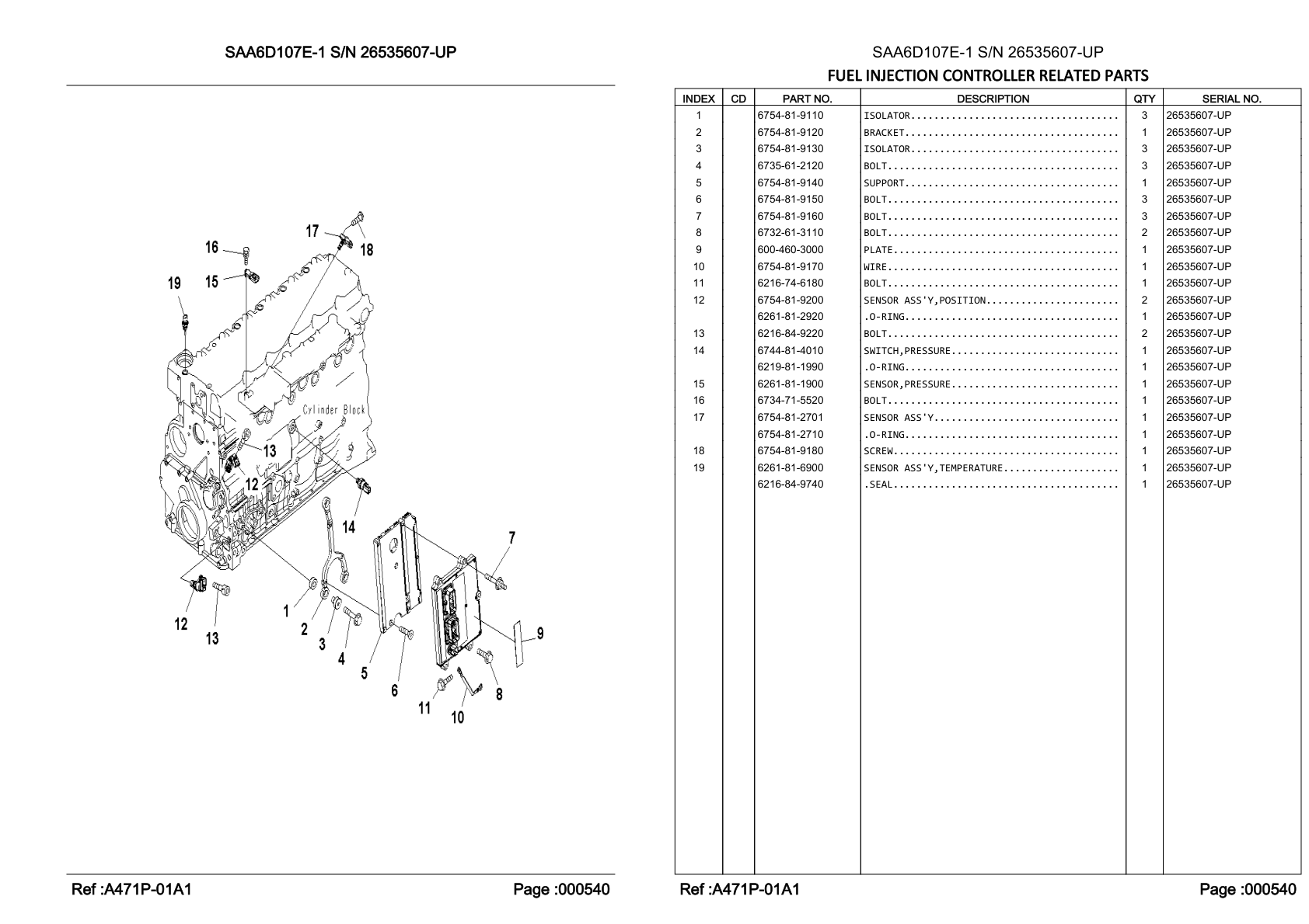 OEM exploded diagram and parts table — Pressure Sensor